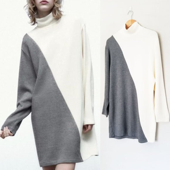 Zara Soft Knit Mock Neck Two Tone Tunic Sweater Mini Dress Ivory Gray Size M - Picture 1 of 14
